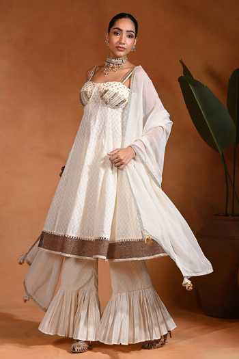 Buy_Rishi and Vibhuti_Ivory Cotton, Organza, Tissue, Jacquard Sweetheart Neck Iraa Woven Anarkali Set _Online_at_Aza_Fashions