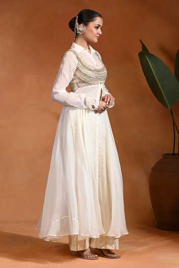 Rishi and Vibhuti_Ivory Cotton, Organza, Jacquard, Lurex Kellen Anarkali And Striped Pant Set _Online_at_Aza_Fashions