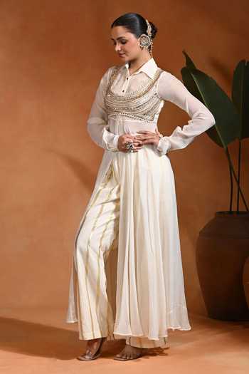 Buy_Rishi and Vibhuti_Ivory Cotton, Organza, Jacquard, Lurex Kellen Anarkali And Striped Pant Set _Online_at_Aza_Fashions