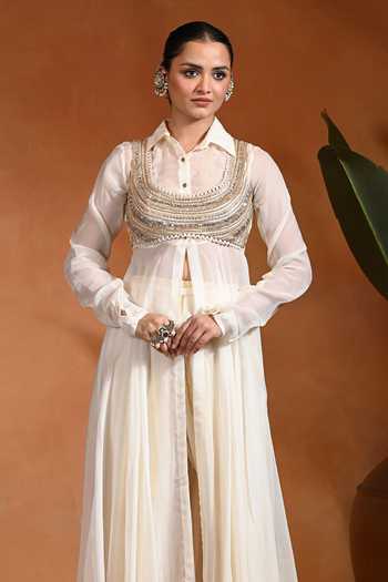 Shop_Rishi and Vibhuti_Ivory Cotton, Organza, Jacquard, Lurex Kellen Anarkali And Striped Pant Set _Online_at_Aza_Fashions