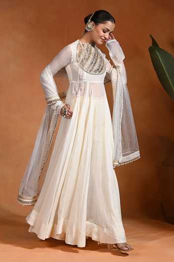 Buy_Rishi and Vibhuti_Ivory Cotton, Organza, Net, Lurex Round Aabroo Lace Work Bodice Anarkali Set _Online_at_Aza_Fashions