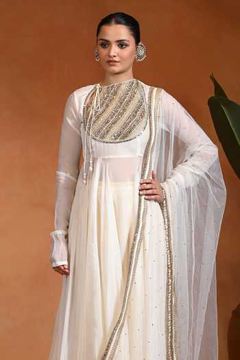 Shop_Rishi and Vibhuti_Ivory Cotton, Organza, Net, Lurex Round Aabroo Lace Work Bodice Anarkali Set _Online_at_Aza_Fashions