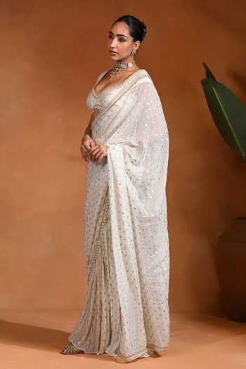 Rishi and Vibhuti_Ivory Silk, Georgette, Dupion Sweetheart Rooh Gharara Pre-draped Pant Saree Set _Online_at_Aza_Fashions