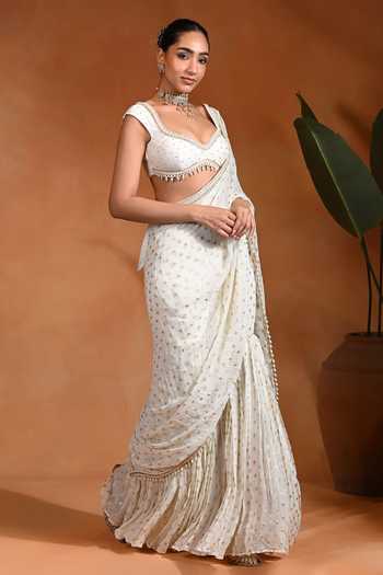 Shop_Rishi and Vibhuti_Ivory Silk, Georgette, Dupion Sweetheart Rooh Gharara Pre-draped Pant Saree Set _Online_at_Aza_Fashions