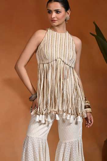 Buy Rishi and Vibhuti Ivory Cotton, Jacquard Halter Neck, Yes Chamcham Tassel Peplum Kurta Sharara Set Online at Aza Fashions Buy_Rishi and Vibhuti_Ivory Cotton, Jacquard Halter Neck, Yes Chamcham Tassel Peplum Kurta Sharara Set _Online_at_Aza_Fashions