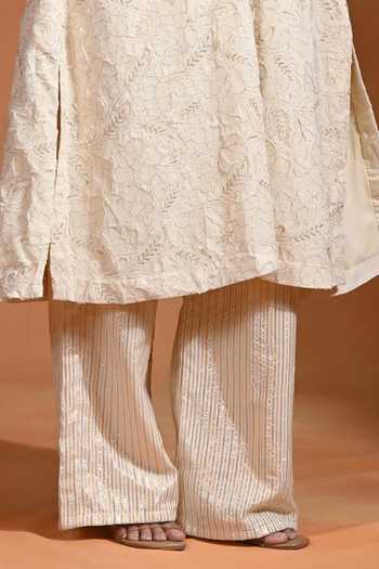 Rishi and Vibhuti Ivory Jacquard, Lurex V-neck, Yes Shubhra Kurta And Pant Set Online at Aza Fashions Rishi and Vibhuti_Ivory Jacquard, Lurex V-neck, Yes Shubhra Kurta And Pant Set _Online_at_Aza_Fashions