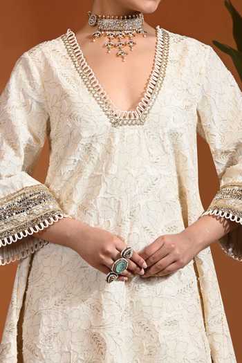 Rishi and Vibhuti Ivory Jacquard, Lurex V-neck, Yes Shubhra Kurta And Pant Set at Aza Fashions Rishi and Vibhuti_Ivory Jacquard, Lurex V-neck, Yes Shubhra Kurta And Pant Set _at_Aza_Fashions