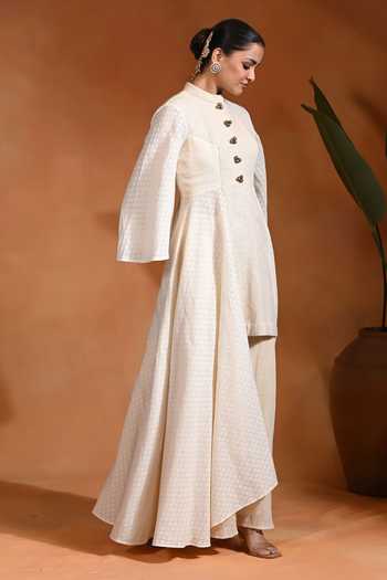 Rishi and Vibhuti_Ivory Cotton, Jacquard Mandarin Collar Long Tales Anarkali Pant Set _Online_at_Aza_Fashions