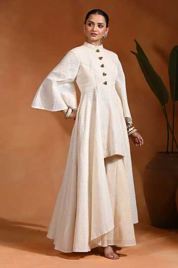 Buy_Rishi and Vibhuti_Ivory Cotton, Jacquard Mandarin Collar Long Tales Anarkali Pant Set _Online_at_Aza_Fashions