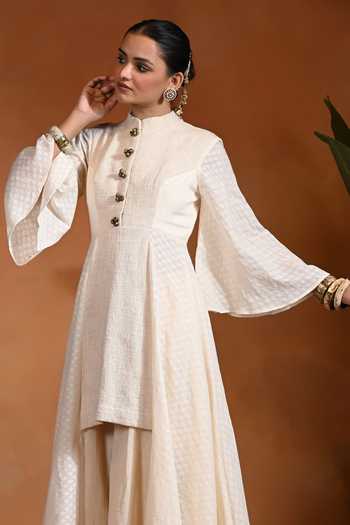 Shop_Rishi and Vibhuti_Ivory Cotton, Jacquard Mandarin Collar Long Tales Anarkali Pant Set _Online_at_Aza_Fashions