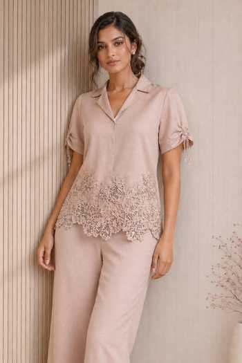 BABITA M Blush Satin, Lace, Velour V-neck, Roselle Bead Embroidered Top And Pant Set Online at Aza Fashions BABITA M_Blush Satin, Lace, Velour V-neck, Roselle Bead Embroidered Top And Pant Set _Online_at_Aza_Fashions