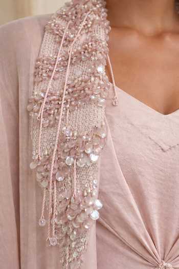 BABITA M Blush Organza, Satin, Velour V-neck The Fiora Gathered Dress With Cape Online at Aza Fashions BABITA M_Blush Organza, Satin, Velour V-neck The Fiora Gathered Dress With Cape _Online_at_Aza_Fashions