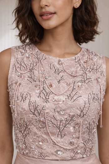 Buy Babita Malkani Pink Satin, Lace, Velour Round Neck, Evara Embroidered Top And Draped Skirt Set Online at Aza Fashions Buy_Babita Malkani_Pink Satin, Lace, Velour Round Neck, Evara Embroidered Top And Draped Skirt Set _Online_at_Aza_Fashions