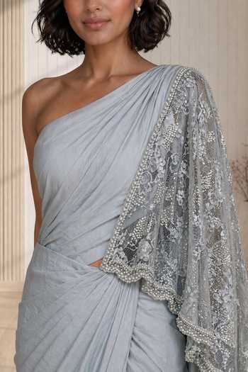 Babita Malkani_Mint Satin, Velour, Sequins, Beads, Nerissa Embroidered Saree Gown _Online_at_Aza_Fashions