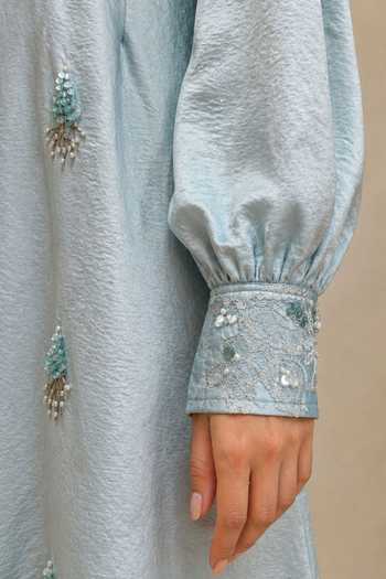 Babita Malkani_Blue Satin, Lace, Velour Collared Neck Elara Beaded Embroidered Midi Dress _Online_at_Aza_Fashions