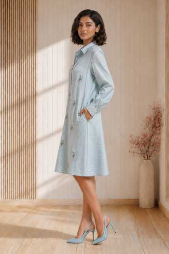 Buy_Babita Malkani_Blue Satin, Lace, Velour Collared Neck Elara Beaded Embroidered Midi Dress _Online_at_Aza_Fashions