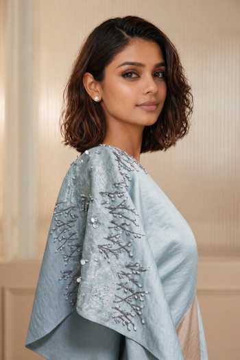 Babita Malkani_Beige Satin, Lace, Velour V-neck Azura Color Block Dress _Online_at_Aza_Fashions