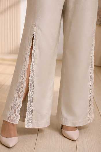 Babita Malkani Beige Satin, Velour, Lace V-neck The Nova Placement Embroidered Top And Pant Set Online at Aza Fashions Babita Malkani_Beige Satin, Velour, Lace V-neck The Nova Placement Embroidered Top And Pant Set _Online_at_Aza_Fashions