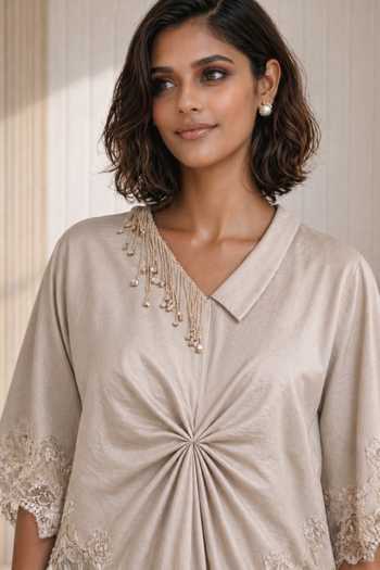 Buy Babita Malkani Beige Satin, Velour, Lace V-neck The Nova Placement Embroidered Top And Pant Set Online at Aza Fashions Buy_Babita Malkani_Beige Satin, Velour, Lace V-neck The Nova Placement Embroidered Top And Pant Set _Online_at_Aza_Fashions