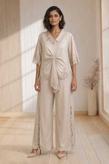 Shop Babita Malkani Beige Satin, Velour, Lace V-neck The Nova Placement Embroidered Top And Pant Set Online at Aza Fashions Shop_Babita Malkani_Beige Satin, Velour, Lace V-neck The Nova Placement Embroidered Top And Pant Set _Online_at_Aza_Fashions