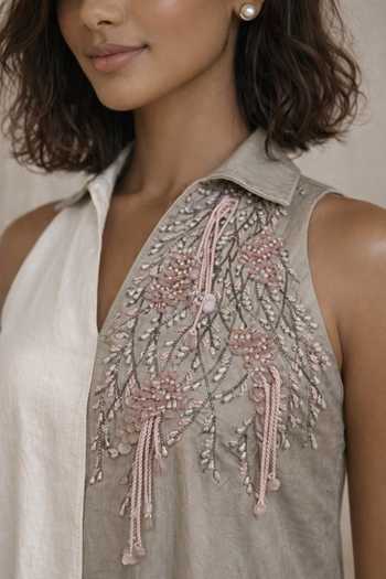 Babita Malkani_Ivory Satin, Lace, Velour V-, Collared Isadora Beaded Asymmetric Dress _Online_at_Aza_Fashions