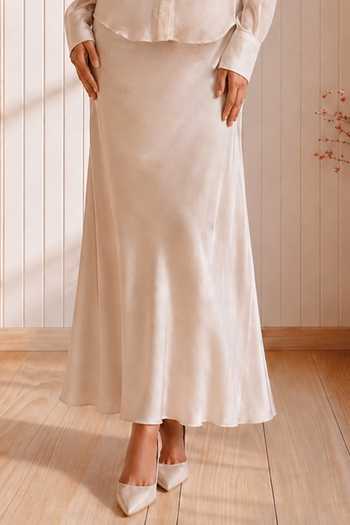 Babita Malkani_Ivory Satin, Velour, Lace Collared Neck, Opal Embroidered Shirt And Skirt Set _Online_at_Aza_Fashions