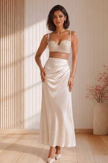 Shop_Babita Malkani_Ivory Satin, Velour, Lace Collared Neck, Opal Embroidered Shirt And Skirt Set _Online_at_Aza_Fashions