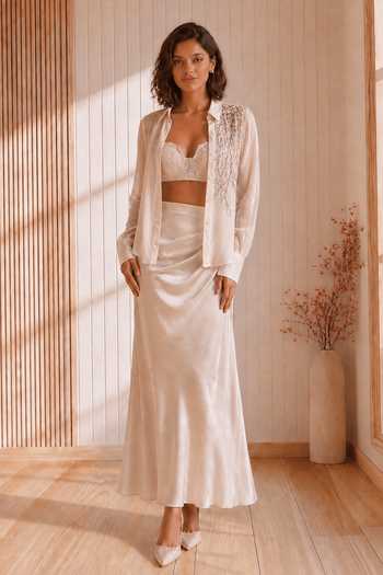 Babita Malkani_Ivory Satin, Velour, Lace Collared Neck, Opal Embroidered Shirt And Skirt Set _at_Aza_Fashions