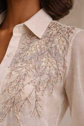 Buy_Babita Malkani_Ivory Satin, Velour, Lace Collared Neck, Opal Embroidered Shirt And Skirt Set 