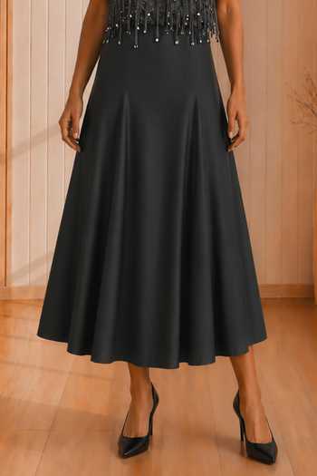 Babita Malkani_Charcoal Satin, Lace, Velour Collared The Camille Threadwork Top And Skirt Set _Online_at_Aza_Fashions