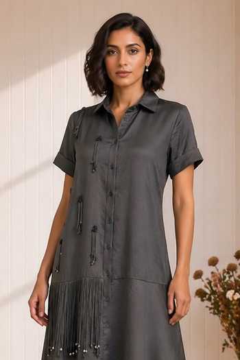 Babita Malkani_Charcoal Satin, Lace, Velour Collared Neck Tova Placement Embroidered Dress _Online_at_Aza_Fashions