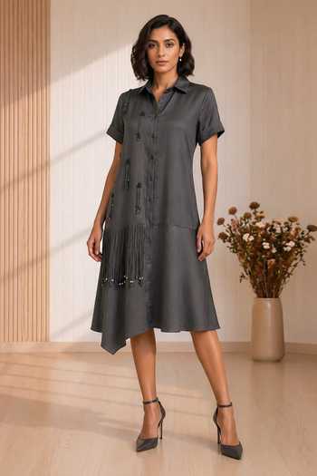 Buy_Babita Malkani_Charcoal Satin, Lace, Velour Collared Neck Tova Placement Embroidered Dress _Online_at_Aza_Fashions