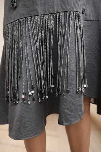 Shop_Babita Malkani_Charcoal Satin, Lace, Velour Collared Neck Tova Placement Embroidered Dress _Online_at_Aza_Fashions