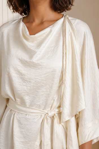 Babita Malkani_Ivory Satin, Lace, Velour Cowl Neck Liora Tie Up Top And Pant Set _Online_at_Aza_Fashions