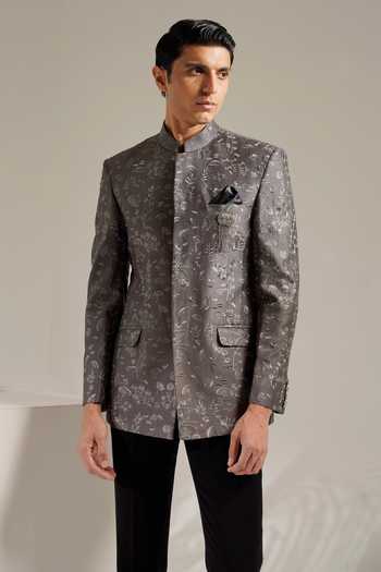 Buy ZOOP MEN Grey Jacquard, Rayon Brooches Bandhgala With Trouser Online at Aza Fashions Buy_ZOOP MEN_Grey Jacquard, Rayon Brooches Bandhgala With Trouser _Online_at_Aza_Fashions