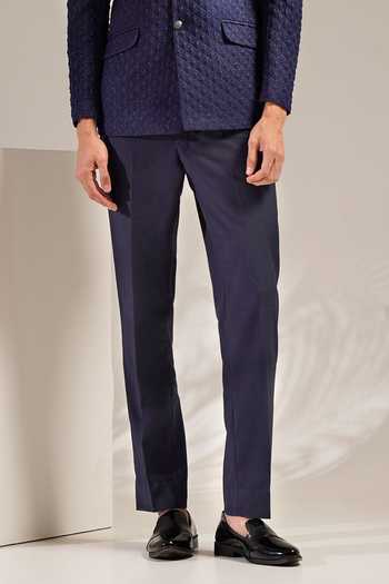 ZOOP MEN_Blue Jacquard, Rayon Chains, Brooches Quilted Bandhgala With Trouser _Online_at_Aza_Fashions