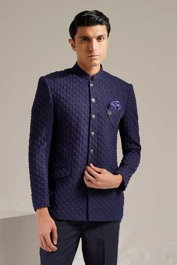 Buy_ZOOP MEN_Blue Jacquard, Rayon Chains, Brooches Quilted Bandhgala With Trouser _Online_at_Aza_Fashions