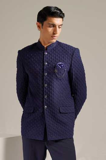 Shop_ZOOP MEN_Blue Jacquard, Rayon Chains, Brooches Quilted Bandhgala With Trouser _Online_at_Aza_Fashions