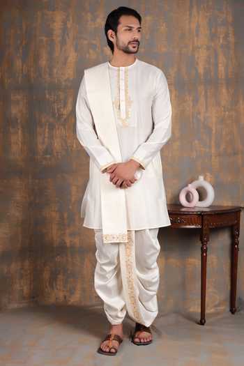 Shop ZOOP MEN Cream Silk, , Satin Embroidered Placket Kurta And Dhoti Pant Set Online at Aza Fashions Shop_ZOOP MEN_Cream Silk, , Satin Embroidered Placket Kurta And Dhoti Pant Set _Online_at_Aza_Fashions