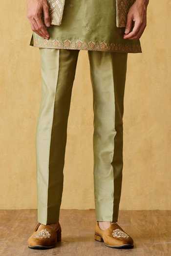 ZOOP MEN Green Silk, Cotton, Jacquard Embroidered Front Open Sherwani Pant Set Online at Aza Fashions ZOOP MEN_Green Silk, Cotton, Jacquard Embroidered Front Open Sherwani Pant Set _Online_at_Aza_Fashions