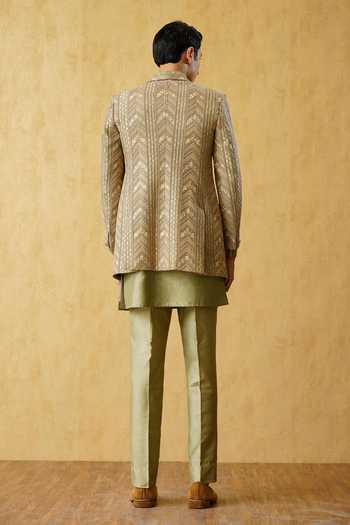 Shop ZOOP MEN Green Silk, Cotton, Jacquard Embroidered Front Open Sherwani Pant Set at Aza Fashions Shop_ZOOP MEN_Green Silk, Cotton, Jacquard Embroidered Front Open Sherwani Pant Set _at_Aza_Fashions
