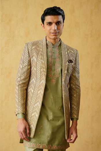 Buy ZOOP MEN Green Silk, Cotton, Jacquard Embroidered Front Open Sherwani Pant Set Online at Aza Fashions Buy_ZOOP MEN_Green Silk, Cotton, Jacquard Embroidered Front Open Sherwani Pant Set _Online_at_Aza_Fashions