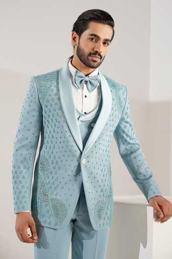 ZOOP MEN_Aqua Lycra, Satin, Tonal Embroidered Suit Set _Online_at_Aza_Fashions