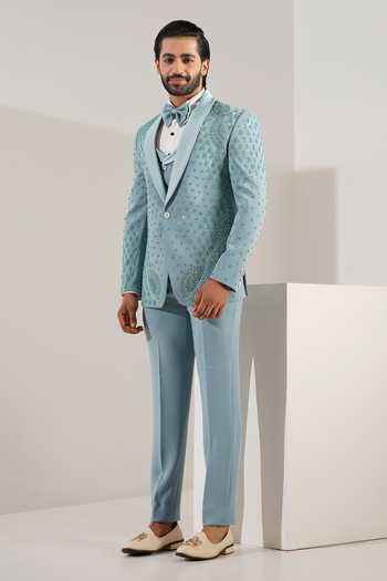 Buy_ZOOP MEN_Aqua Lycra, Satin, Tonal Embroidered Suit Set _Online_at_Aza_Fashions