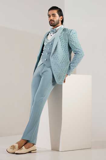 Shop_ZOOP MEN_Aqua Lycra, Satin, Tonal Embroidered Suit Set _Online_at_Aza_Fashions