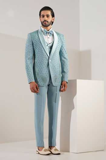 ZOOP MEN_Aqua Lycra, Satin, Tonal Embroidered Suit Set _at_Aza_Fashions