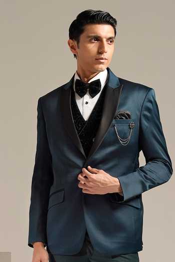 Buy_ZOOP MEN_Teal Cotton, Jacquard, Rayon Placed Metallic Strip Detail Suit Set _Online_at_Aza_Fashions