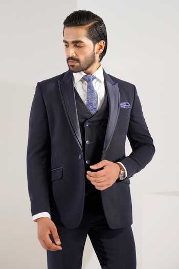 Shop_ZOOP MEN_Blue Jacquard, Satin, Structured Tuxedo Suit Set _Online_at_Aza_Fashions