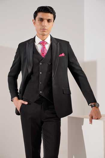 ZOOP MEN_Black Cotton, Jacquard Tuxedo Jacket And Trouser Set _Online_at_Aza_Fashions