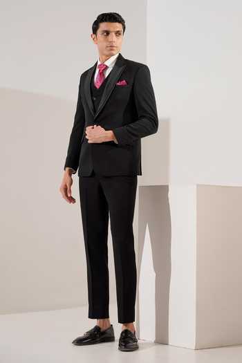 Shop_ZOOP MEN_Black Cotton, Jacquard Tuxedo Jacket And Trouser Set _Online_at_Aza_Fashions